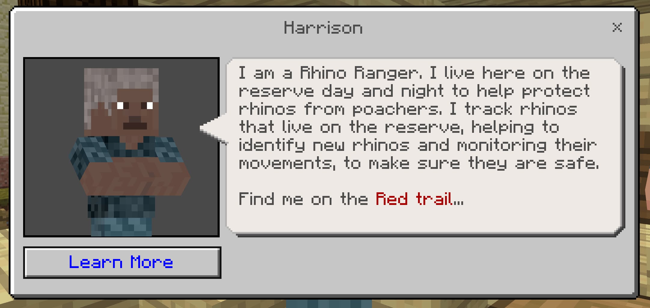 In-game dialogue with Harrison, a Rhino Ranger character, describing his role protecting rhinos from poachers.
