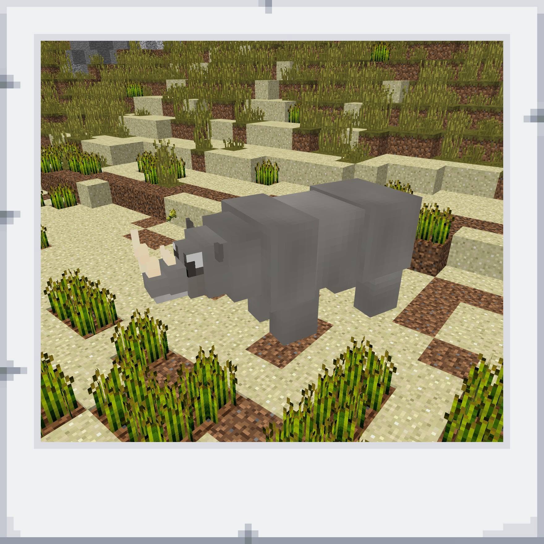 A rhino modeled in Minecraft, standing among reeds on the reserve.